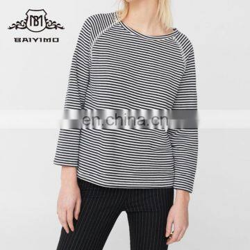 2017 Long Sleeve New Designs Wholesale Black White Cross Striped Women Cotton T-Shirt