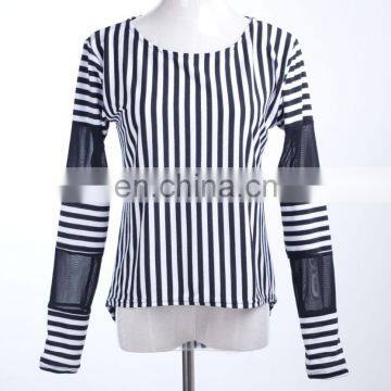 2017 Latest Fashion Women's Tee Shirt Korean Slim Vertical Stripes Stitching Female Blouse Shirt With Mesh Long Sleeve photo-6