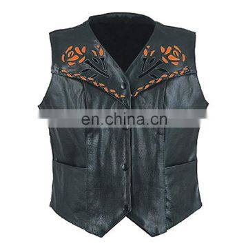 HMB-3261B LEATHER VEST BIKER ROSE STYLE BRAIDS COAT BLACK