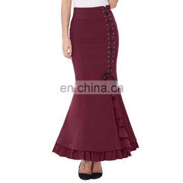 Belle Poque Womens High Stretchy Nylon-Cotton Vintage Retro Ruffled Fishtail Mermaid Victorian Style Wine Long Skirt BP000203-3