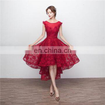 High Quality Scoop Red Sleeveless Lace-up Appliqued A Line Hi-lo Bow Beaded Lace Hollow Evening Dress