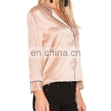 Pink Silk Satin Blouse For Women Smart Casual Wear Pajamas Style Long Sleeve T-Shirt photo-3