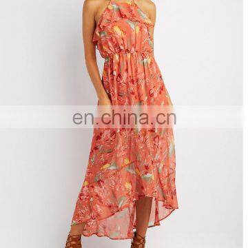 Women fanshion long dresses Floral Ruffle Bib Neck Maxi Dress