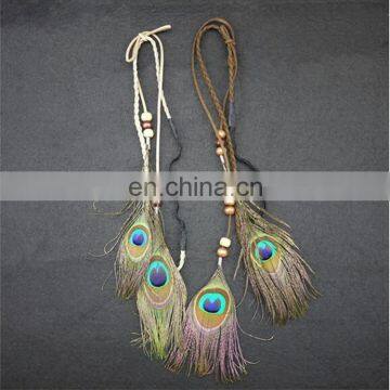 Beautiful girls hand woven peacock feather hair band hair accessories bohemian peacock feather headband with wood beads women