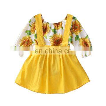 Solid bow strap dress with sunflower pattern full Sleeve beautiful Dresses For Baby Girl