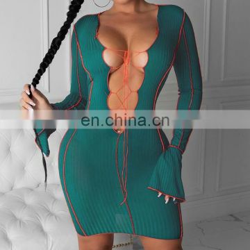 Hanging Sexy Hollow V-Neck Strap Flared Sleeve Dress Casual Dresses Women Lady Elegant