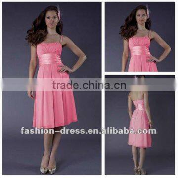 Spaghetti Straps Pink Chiffon Knee-length bridesmaid dress hot pink