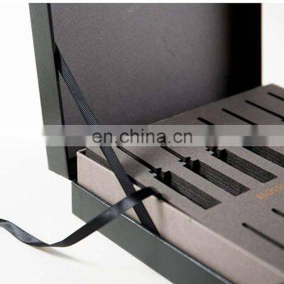 Black Cosmetic Luxury Packaging for Essential Oil Ribbon Closure Sample Fragrance Box With EVA Bottom