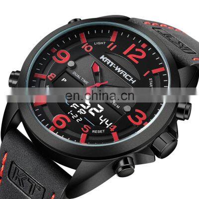 KAT WACH 1818 Digital Quartz Man Watches Fashion Waterproof Leather Strap Wristwatch Luminous Watch