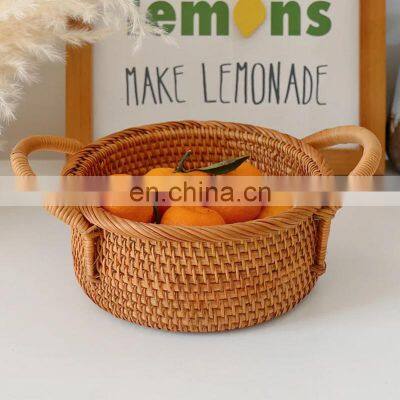 Rattan Woven Storage Basket With Handle, Handcrafted Desktop Fruit Bread Nuts Candies Storage Box Basket