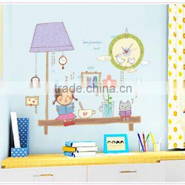 Little girl reading book wall sticker clock