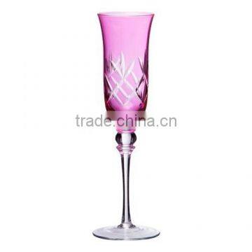 Champagne flute glass with pink spraying and hand cutting.