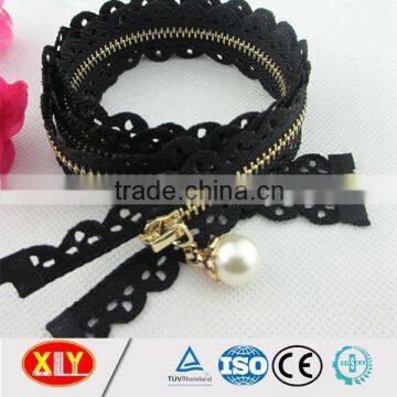 high quality gold teeth custom pull metal lace zipper , dress zipper