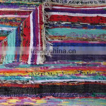 Hand Loomed Chindi Rag Rug Ethnic Yoga Mat Hand Woven Durrie Carpet Multi Color Sari Throw