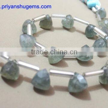 Moss Aquamarine Faceted 6*6 mm 39 Cts Trillion Side Drilled 6 Inches Strand Length Natural Loose Gemstones