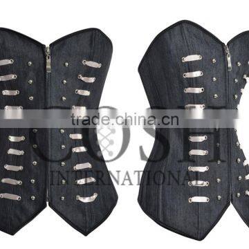 BLACK DENIM OVERBUST CORSET WITH CREAM RIBBONS