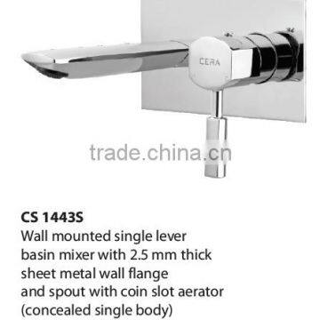 Wall mounted single lever basin mixer with 2.5 mm thick sheet metal wall flange and spout with coin slot aerator