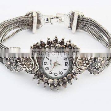 2015 Newest Fashion Antique Silver Metal Angle Wing Hematite Rhinestone Chain Bracelet Watch