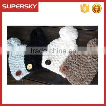 C17 Fall winter custom button knitted pattern beanie for women chunky hat