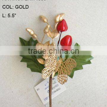 New Artificial Christmas Gold Flower Pick 5.5" Artificial Butterfly Flower With Berries