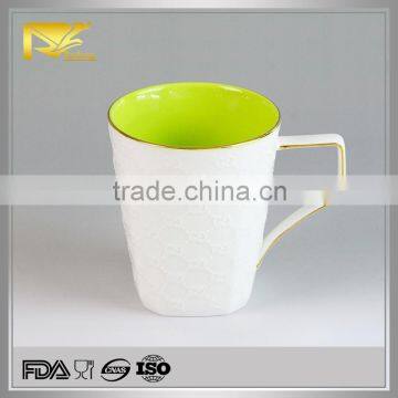 Drinkware gold rim glazed embossed square ceramic mug, design creative ceramic mug