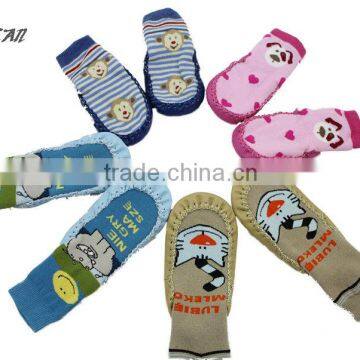 Leather sole handmade terry children home slipper floor socks