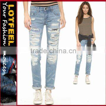 These relaxed, straight leg Blank Denim boyfriend jeans gain cool texture with heavy shredding and mending.(LOTW019)