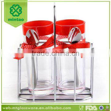 fancy customize Valentine gift glass cup with spon and metal holder