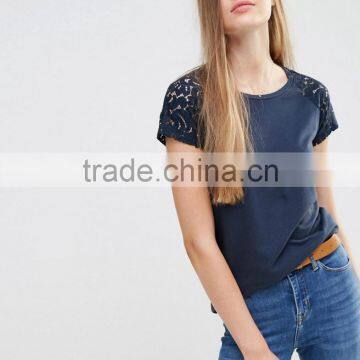 Low Price Custom New Fashion Women Cotton Sexy Lace Sleeve Tight Wholesale Tshirt