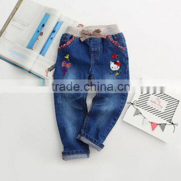 Cartoon Cat Casual Denim Trousers Embroidered Flowers for Chid Girl photo-3