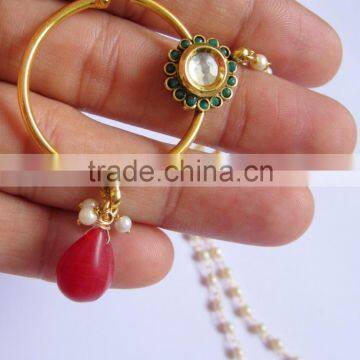 HOOP NATH Press NOSE RING GOLD PLATED KUNDAN RED GREEN photo-2