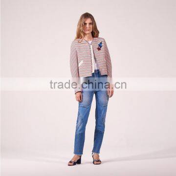 Ladies Cotton Leisure Style Striped Collarless Sequinned Patches Spring Jackets photo-2