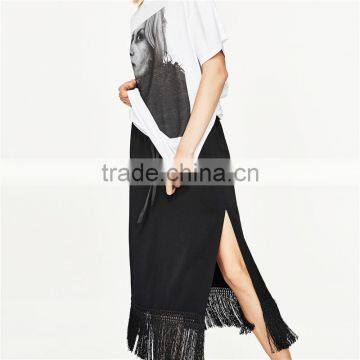 2017 OEM Spring Side Slit Fringed Hem Long Skirts for Girls photo-2