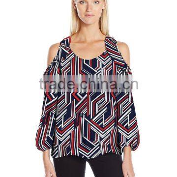 Women's Printed Long Sleeve Scoop Neck Cold Ruffle Shoulder Blouse photo-3