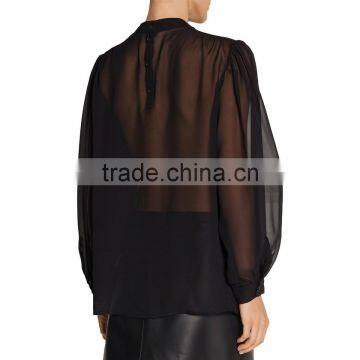 New Model Embroidery Patch Back Neck Elegant Design Long Sleeve New Women Blouses Design Chiffon Blouse photo-2