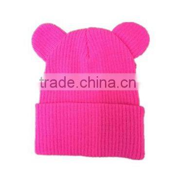 Hot Sale 100% Acrylic Custom Winter Pink Bear Ears wholesale Kitted Beanie Hat