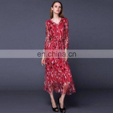 star patterned fashionable long sleeve red chiffon long dress with waistband