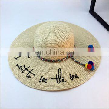 Letters Embroid Frenulum Of Hair Bulb Large Eaves Straw Hat Vogue Sunshade Sandbeach Hat