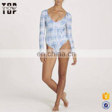 Factory one piece long sleeve swimwear tie-dye indigo print long sleeve swimsuit bodysuit