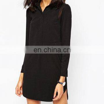 High quality long sleeves woman black shirt dress with mesh insert details