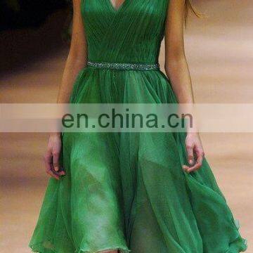 New Cocktail Party Dress 2015 Deep V Neck Emerald Green Beaded Pleated Chiffon Knee Length Cheap Homecoming Gown JW301