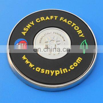 new design embossed company logo leather and metal coaster