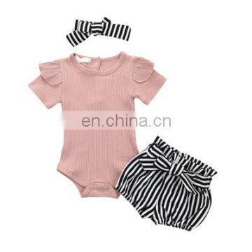 Pure Color Summer Sets Pit Striped Short-sleeved Shirt Waist Protection Denim Shorts Three-piece Baby Girl Suit