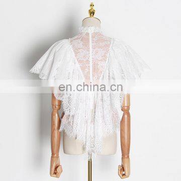 TWOTWINSTYLE Shirts For Women Butterfly Short Sleeve Loose Ruffles Hollow Out Irregular Hem Casual Lace photo-3