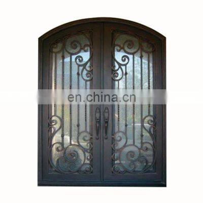 fancy french double entry security arched top craftsmanship scrolls design exterior wrought iron front door with glass