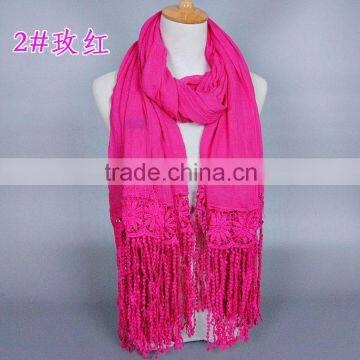 New Design Korea Women Fashion Cotton Plain Lace Scarf photo-3