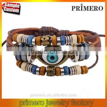 Ethnic Black Adjustable Leather Punk Bracelet Evil Eye Feather Charm