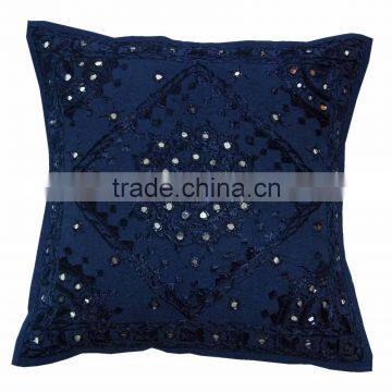 BULE HAND MADE COTTON EMBROIDERY INDIA PILLOW CUSHION COVER MIRROR WORK