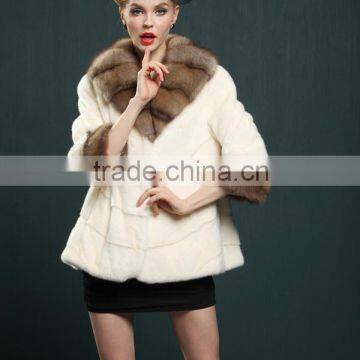 fashionable short white mink fur coat with big sable fur collar