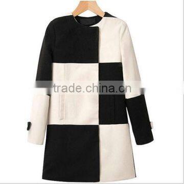 2015 European style women's contrast color grid woolen coat